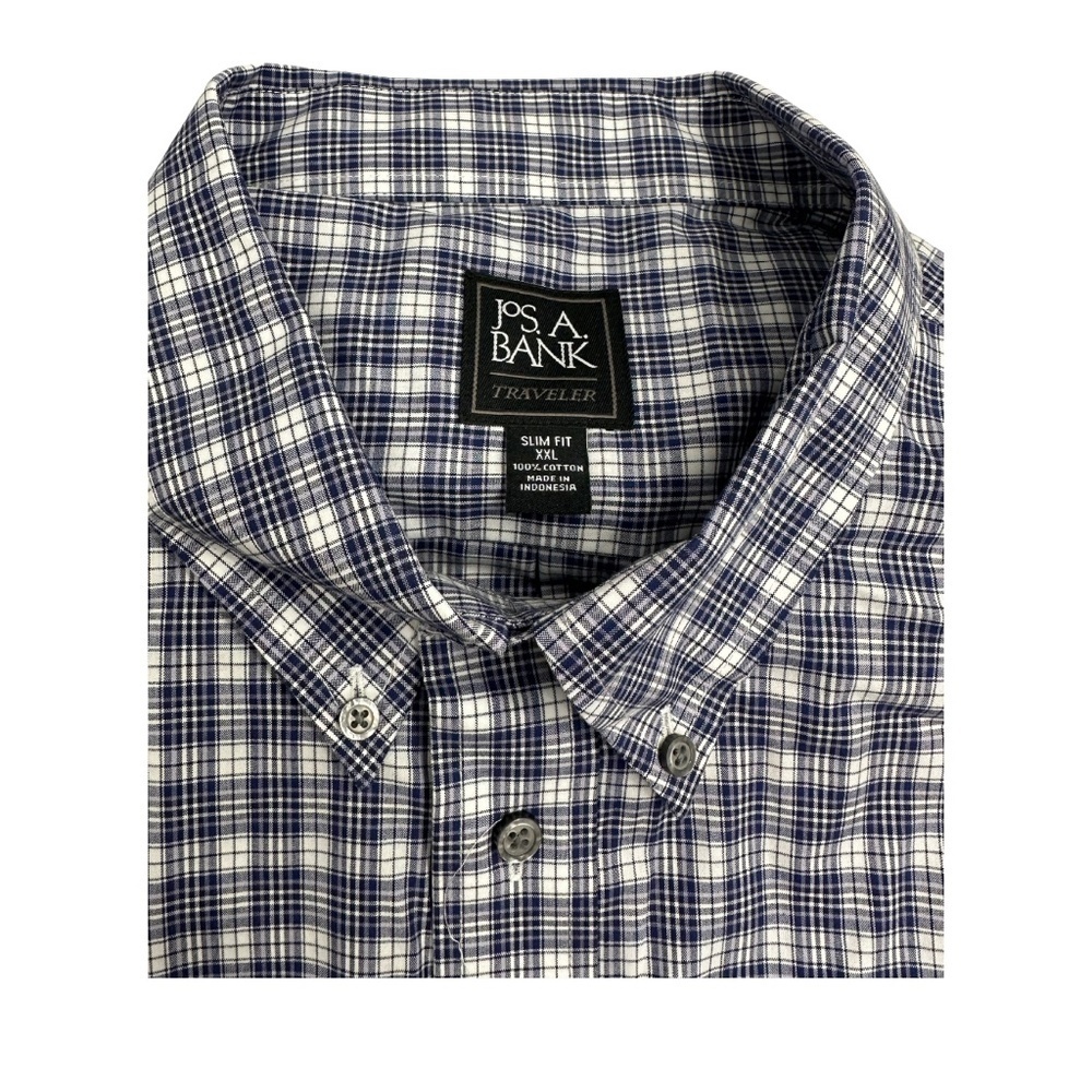 Jos. A. Bank Shirt Traveler Slim Fit Button Down White and Blue Plaid Size XXL.